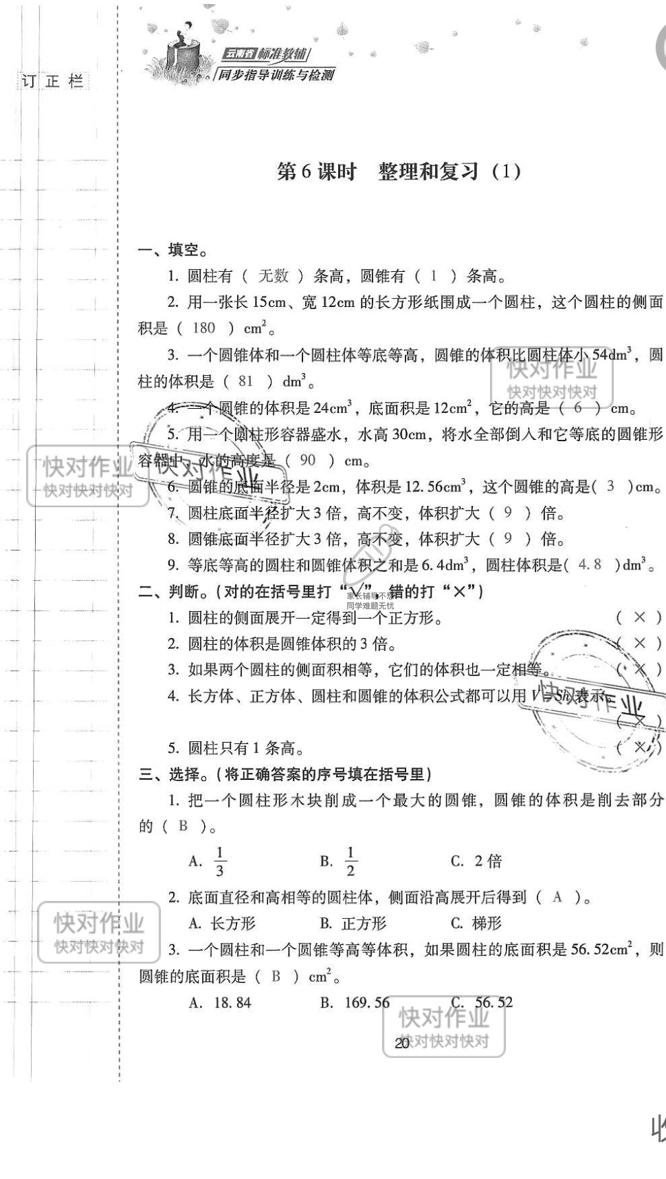 2019云南省同步指导训练与检测六年级数学下册人教版 参考答案第19页