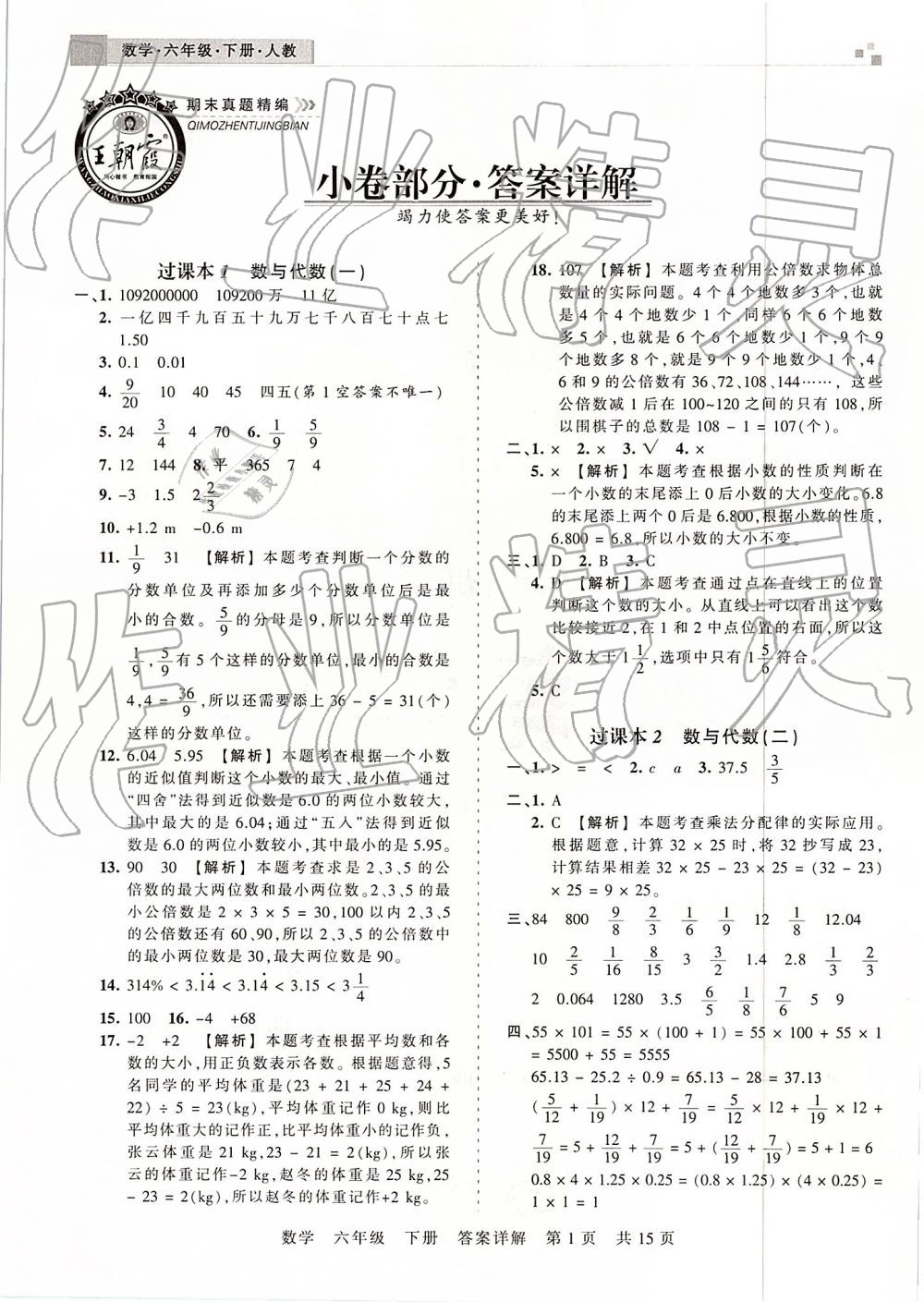 2019年王朝霞期末真题精编六年级数学下册人教版 参考答案第1页