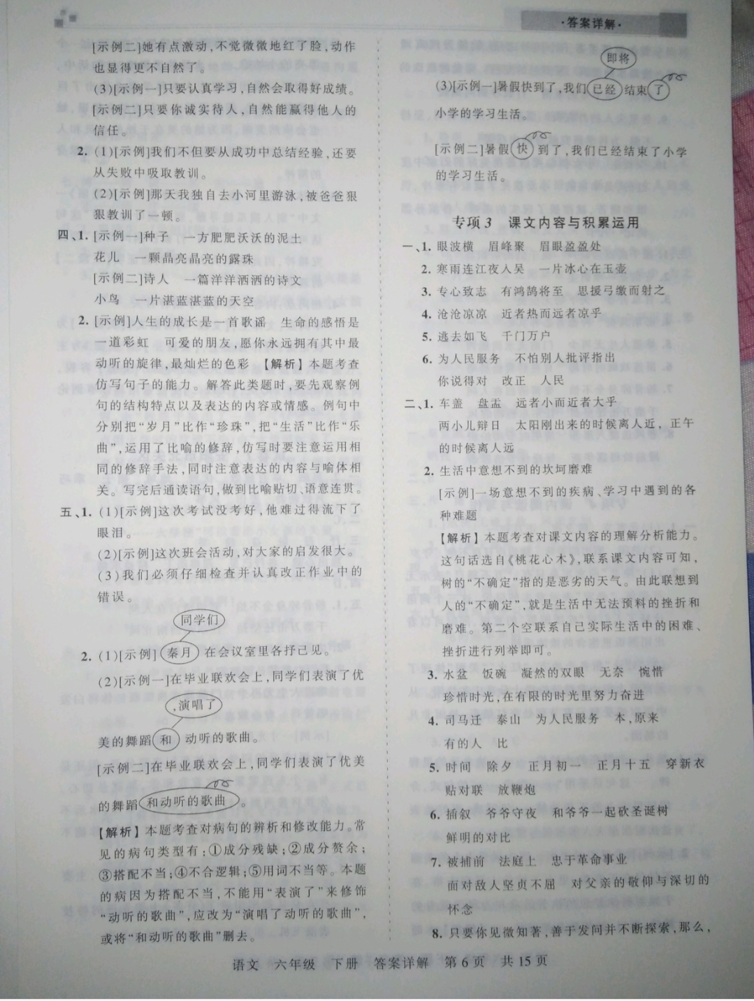 2019年王朝霞期末真題精編六年級語文下冊人教版 參考答案第6頁