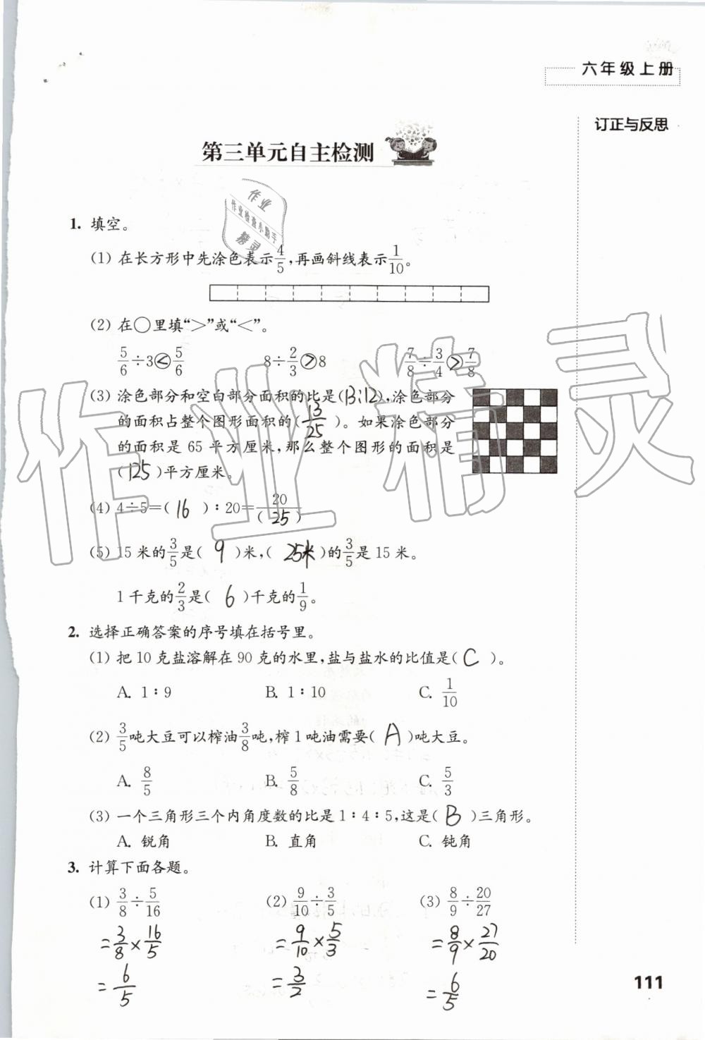 2019年练习与测试小学数学六年级上册苏教版 第111页