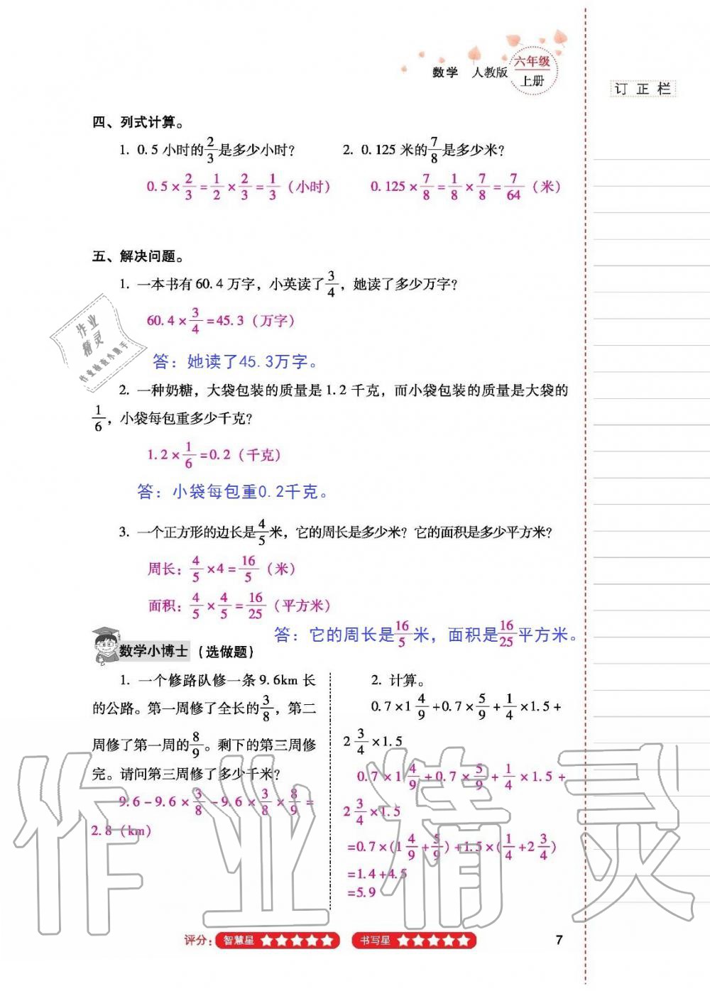 2019年云南省标准教辅同步指导训练与检测六年级数学人教版 参考答案第6页