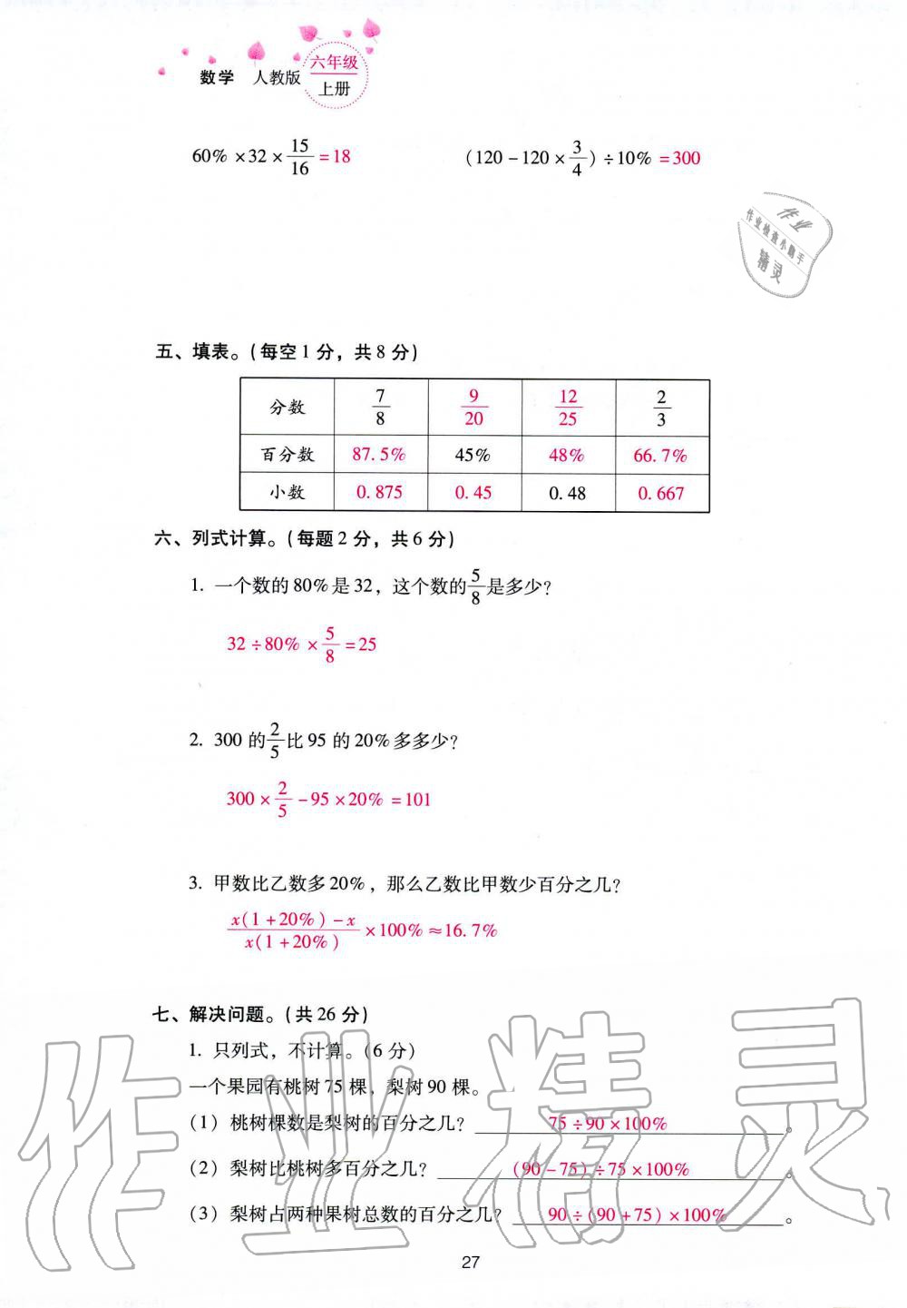 2019年云南省标准教辅同步指导训练与检测六年级数学人教版 参考答案第101页