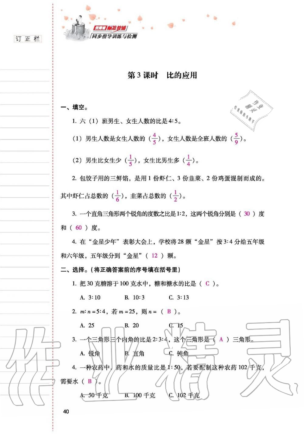 2019年云南省标准教辅同步指导训练与检测六年级数学人教版 参考答案第39页