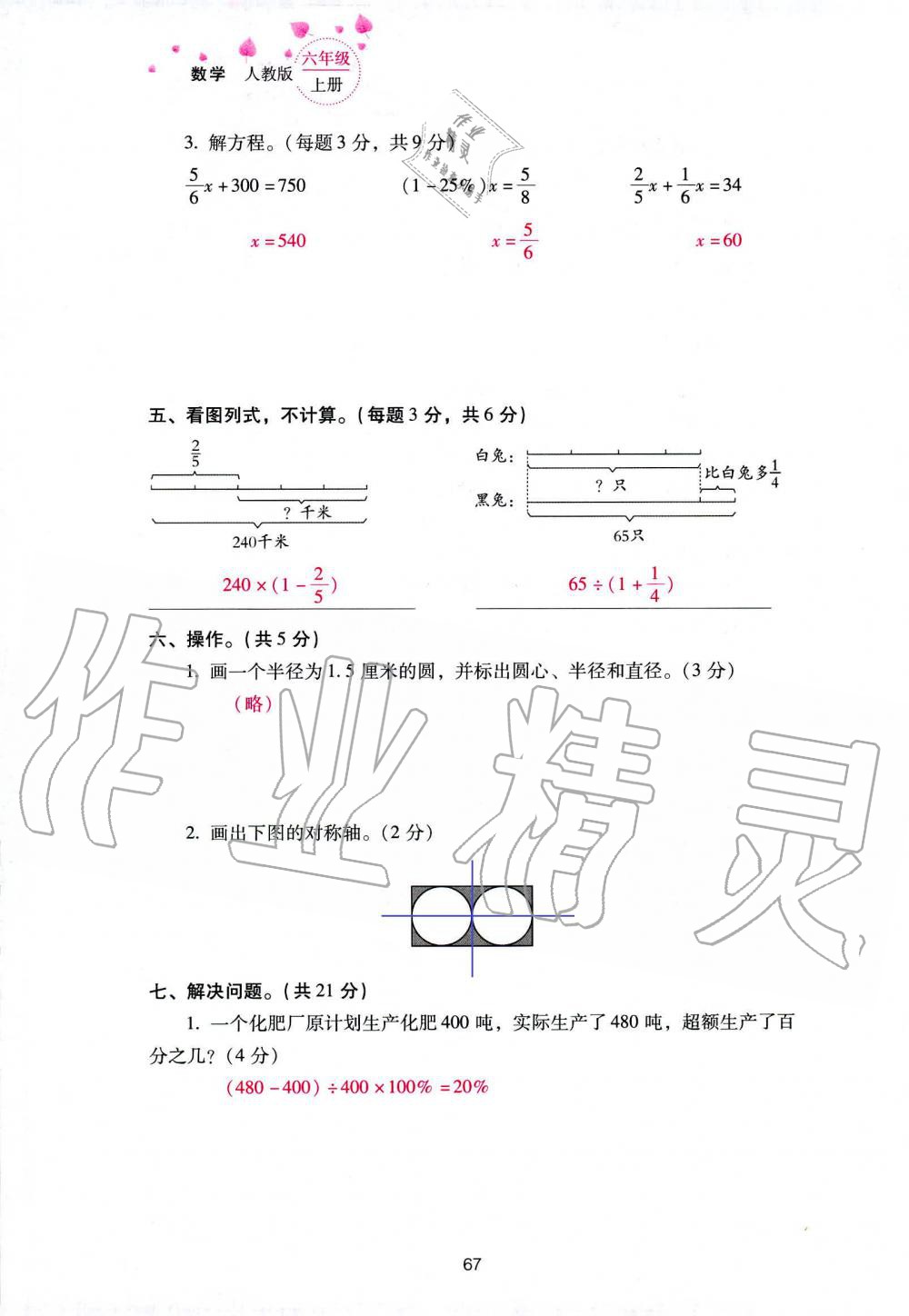 2019年云南省标准教辅同步指导训练与检测六年级数学人教版 参考答案第141页