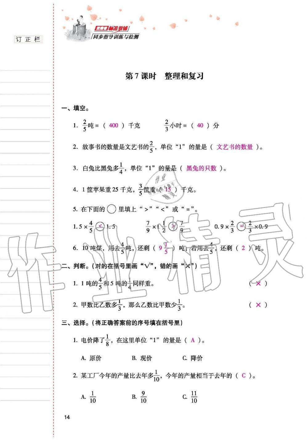 2019年云南省标准教辅同步指导训练与检测六年级数学人教版 参考答案第13页