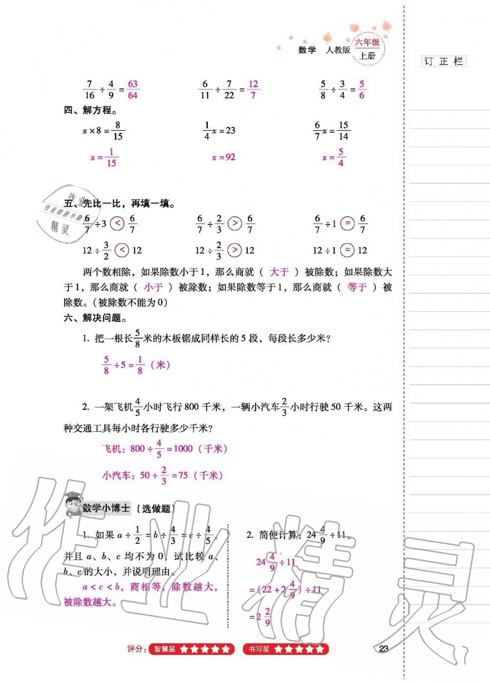 2019年云南省标准教辅同步指导训练与检测六年级数学人教版 参考答案第22页