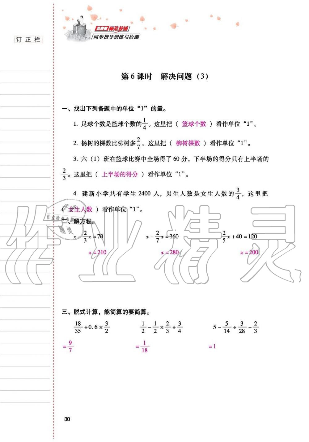 2019年云南省标准教辅同步指导训练与检测六年级数学人教版 参考答案第29页