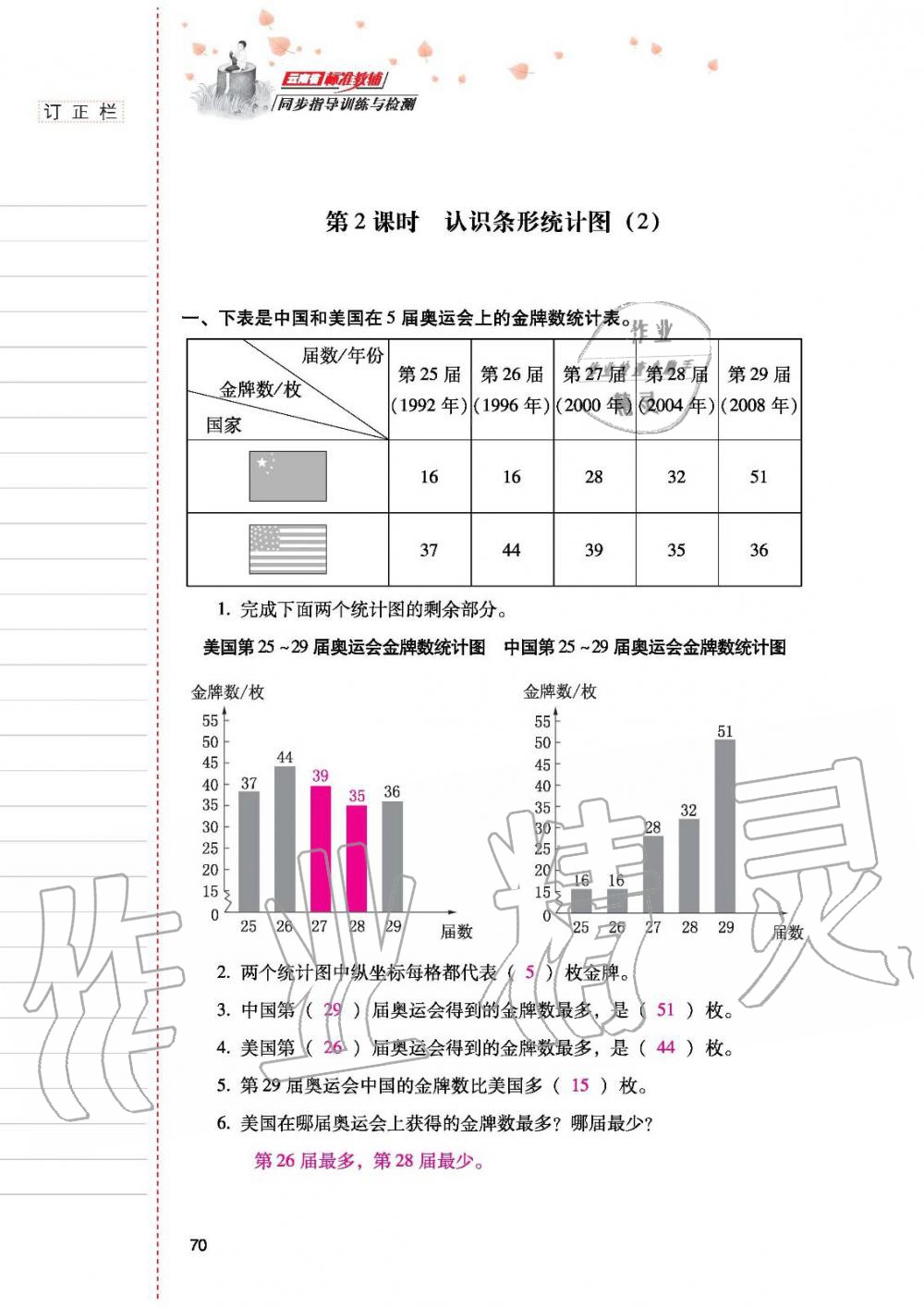 2019年云南省标准教辅同步指导训练与检测四年级数学人教版 参考答案第69页