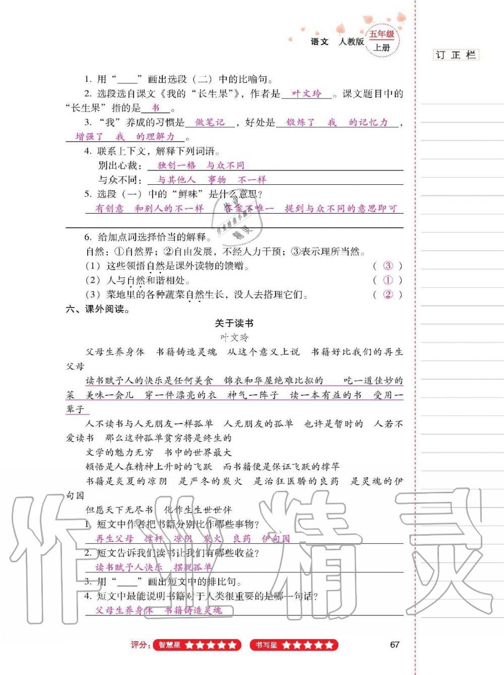 2019年云南省标准教辅同步指导训练与检测五年级语文人教版 参考答案第66页