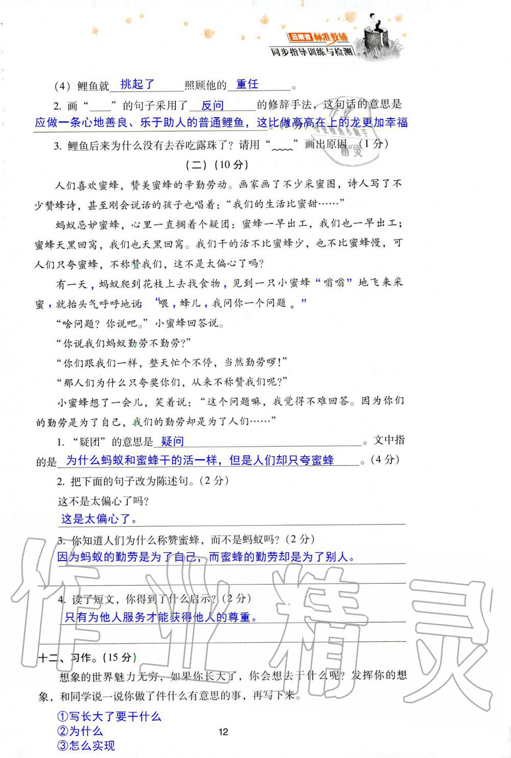 2019年云南省标准教辅同步指导训练与检测三年级语文人教版 参考答案第85页