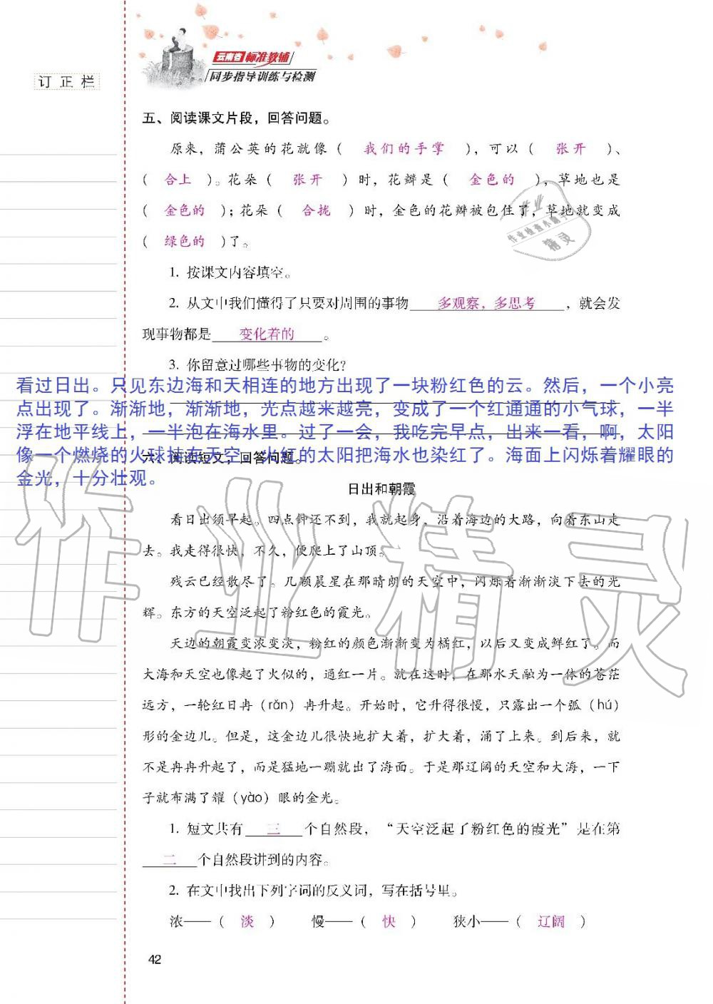 2019年云南省标准教辅同步指导训练与检测三年级语文人教版 参考答案第41页