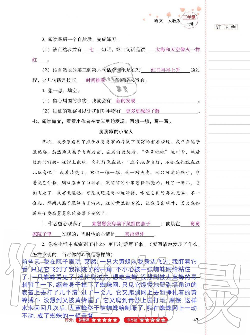 2019年云南省标准教辅同步指导训练与检测三年级语文人教版 参考答案第42页