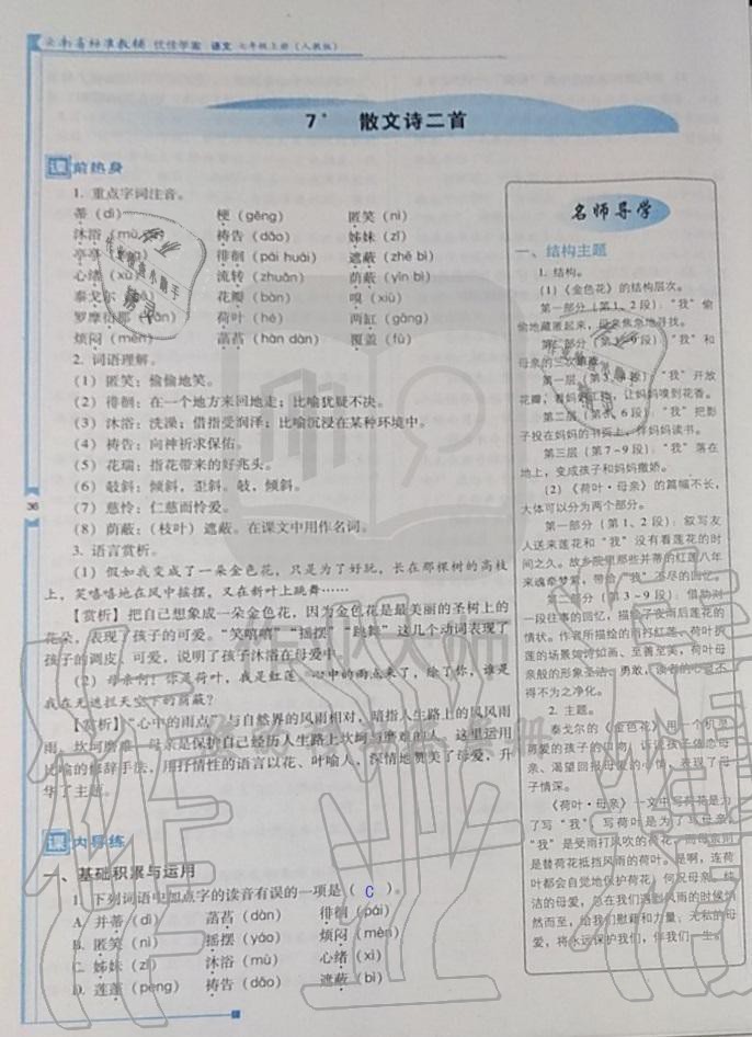 2019年云南省标准教辅优佳学案七年级语文人教版答案—青夏教育精英