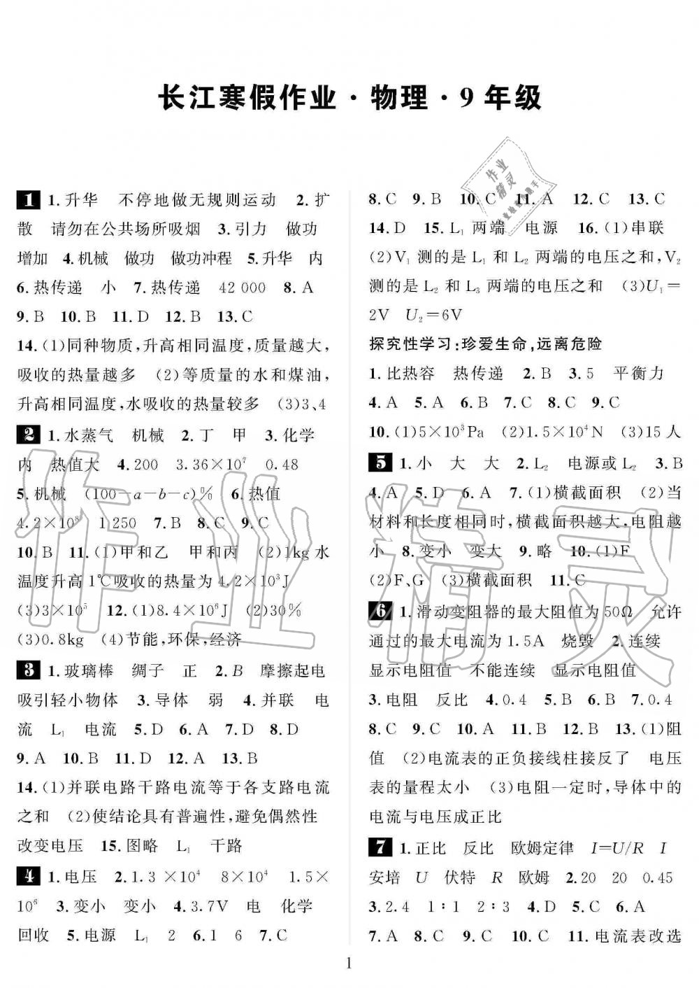 2020年长江寒假作业崇文书局九年级物理寒假作业人教版 第1页