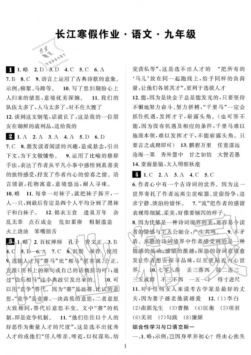 2020年长江寒假作业崇文书局九年级语文寒假作业人教版 第1页
