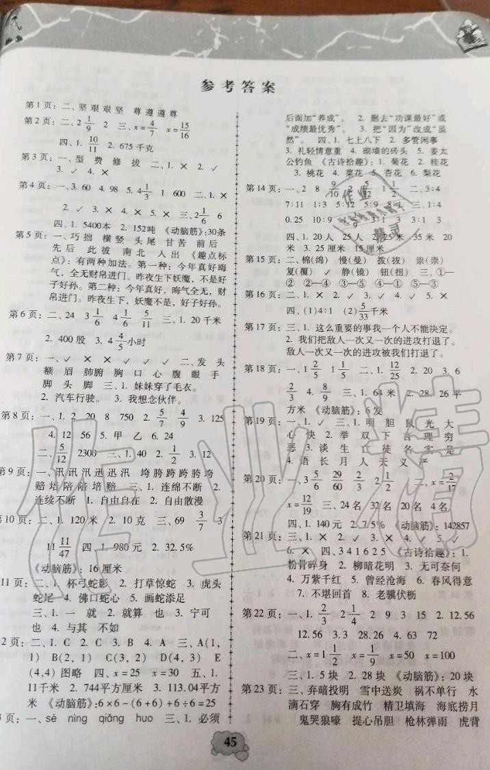 年寒假园地中国少年儿童出版社六年级综合寒假作业 > 第1页 参考答案