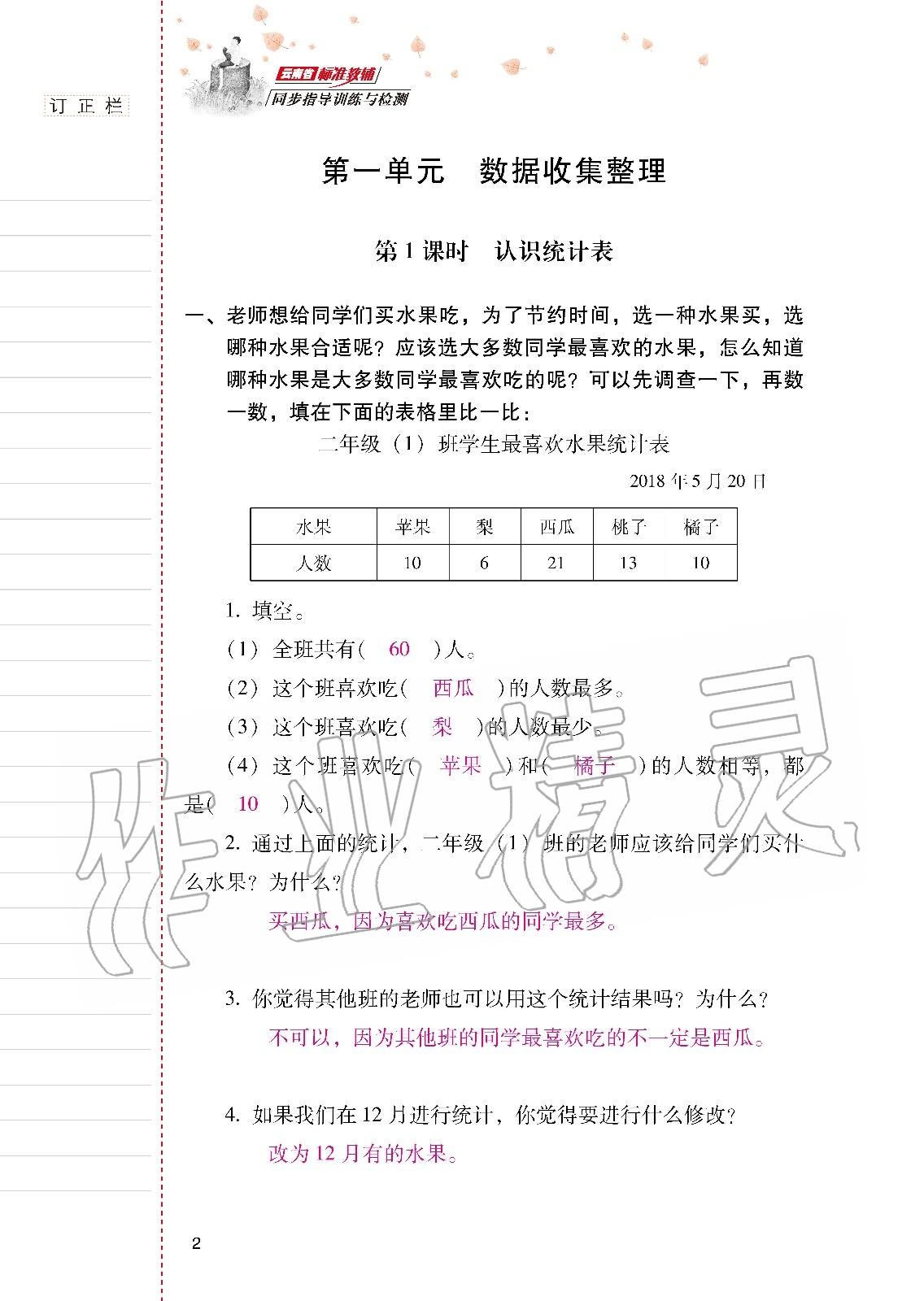 2020年云南省标准教辅同步指导训练与检测二年级数学下册人教版 第1页