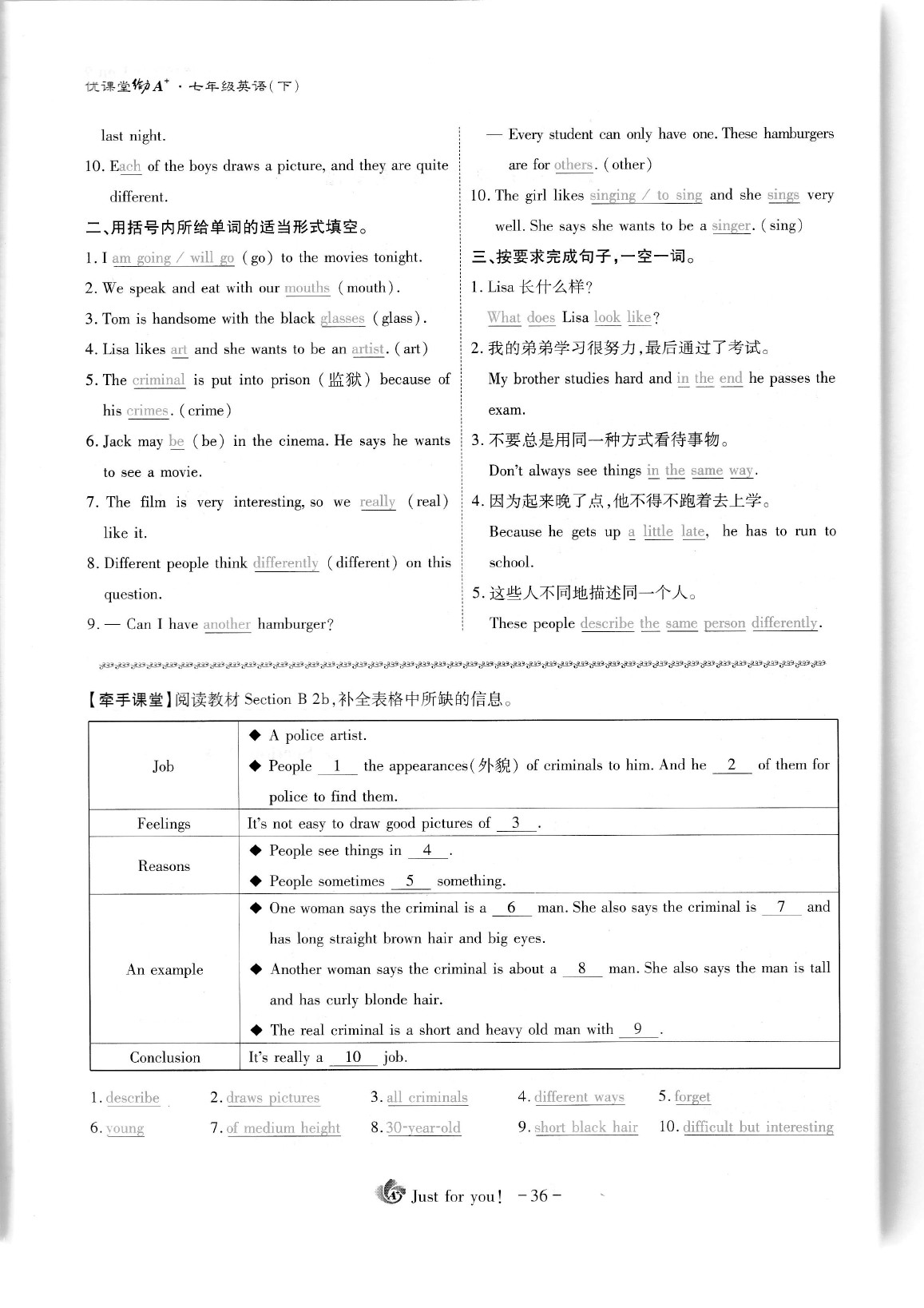 2020年蓉城优课堂给力A加七年级英语下册人教版 参考答案第36页