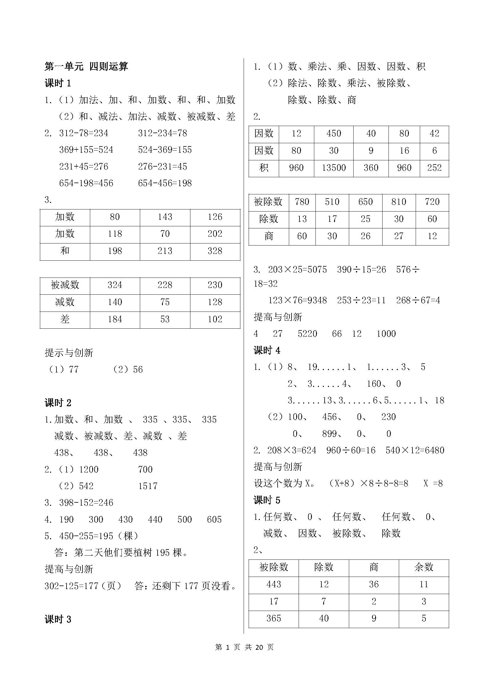 2020年學習與鞏固四年級數學下冊人教版 第1頁