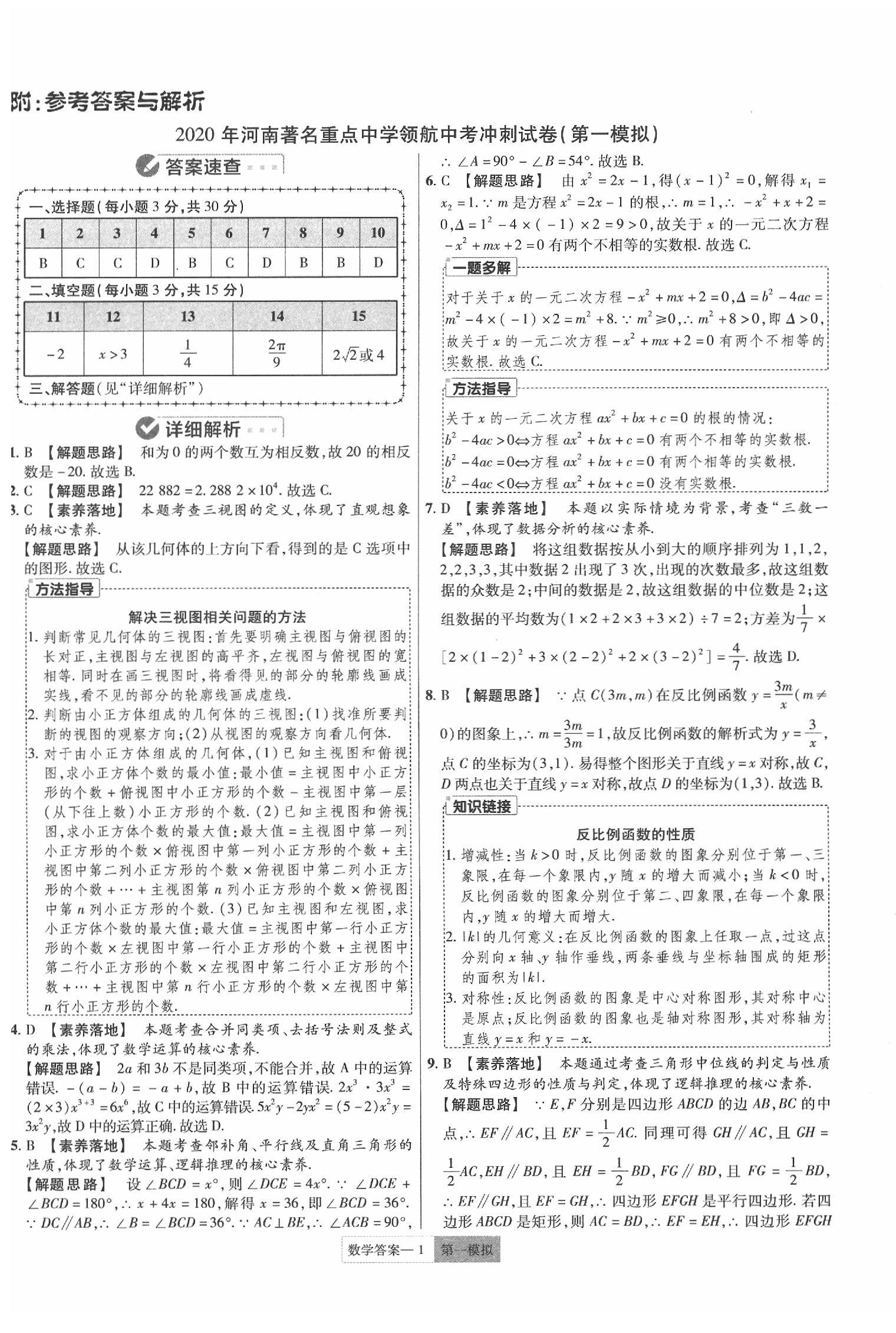 2020年金考卷河南著名重点中学领航中考冲刺试卷数学答案