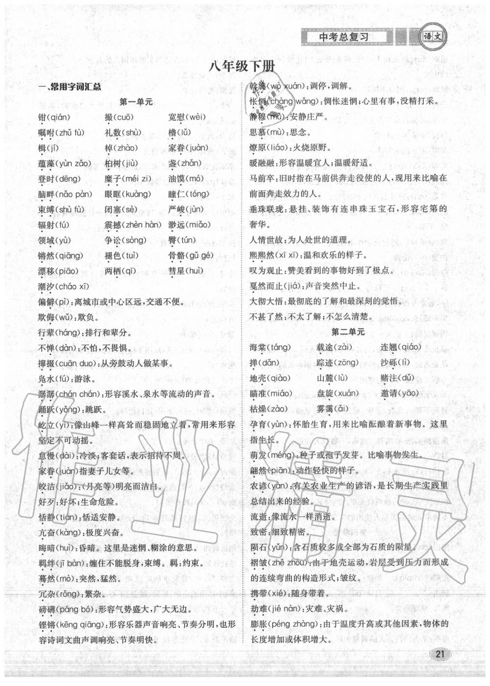 2020年中考總復(fù)習(xí)長江出版社九年級語文中考用書 參考答案第22頁