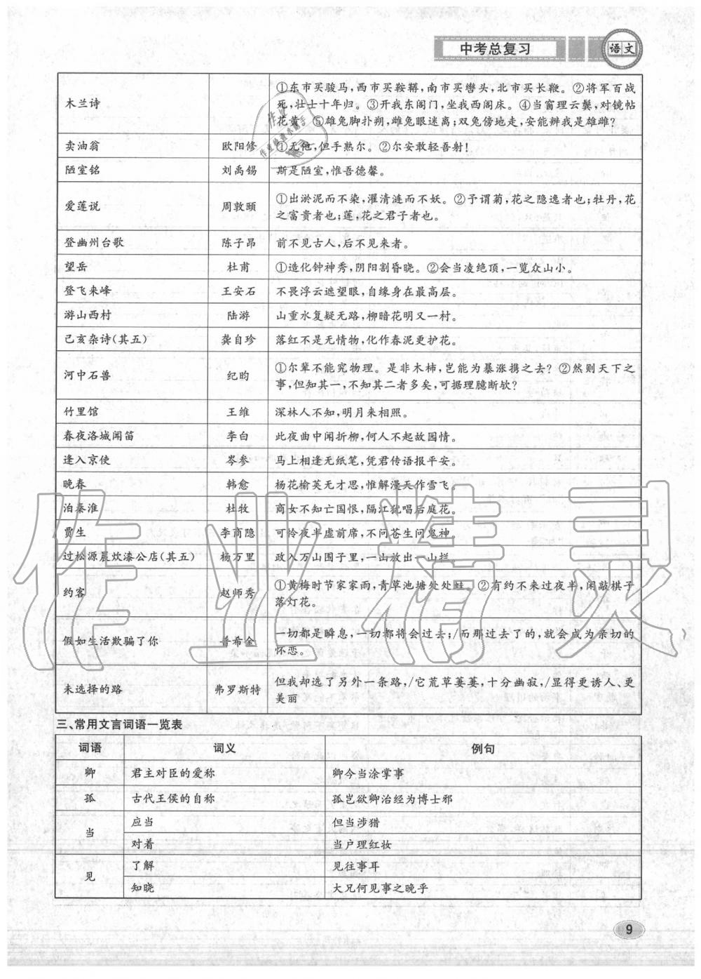 2020年中考總復(fù)習(xí)長江出版社九年級語文中考用書 參考答案第10頁