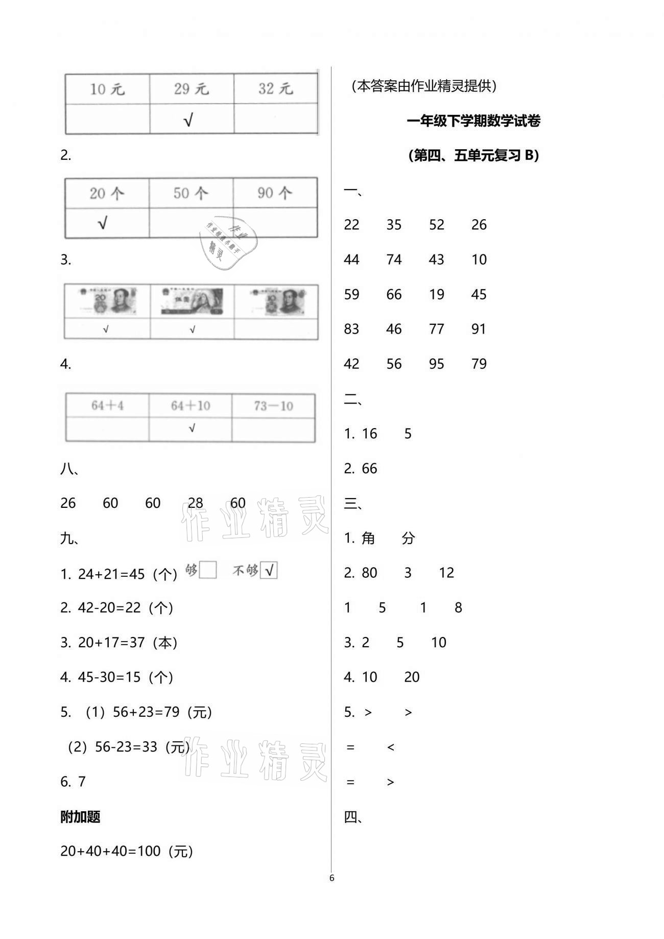 2020年練習(xí)與測試小學(xué)數(shù)學(xué)一年級下冊蘇教版提升版 參考答案第6頁