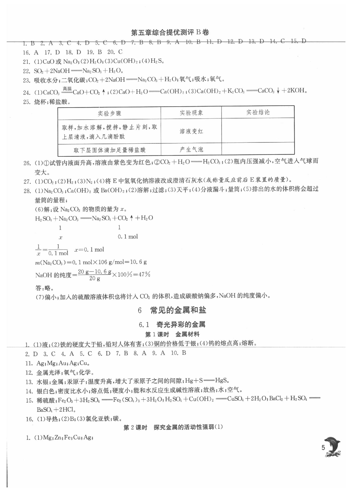 2020年实验班提优训练九年级化学下册沪教版上海专版 参考答案第5页