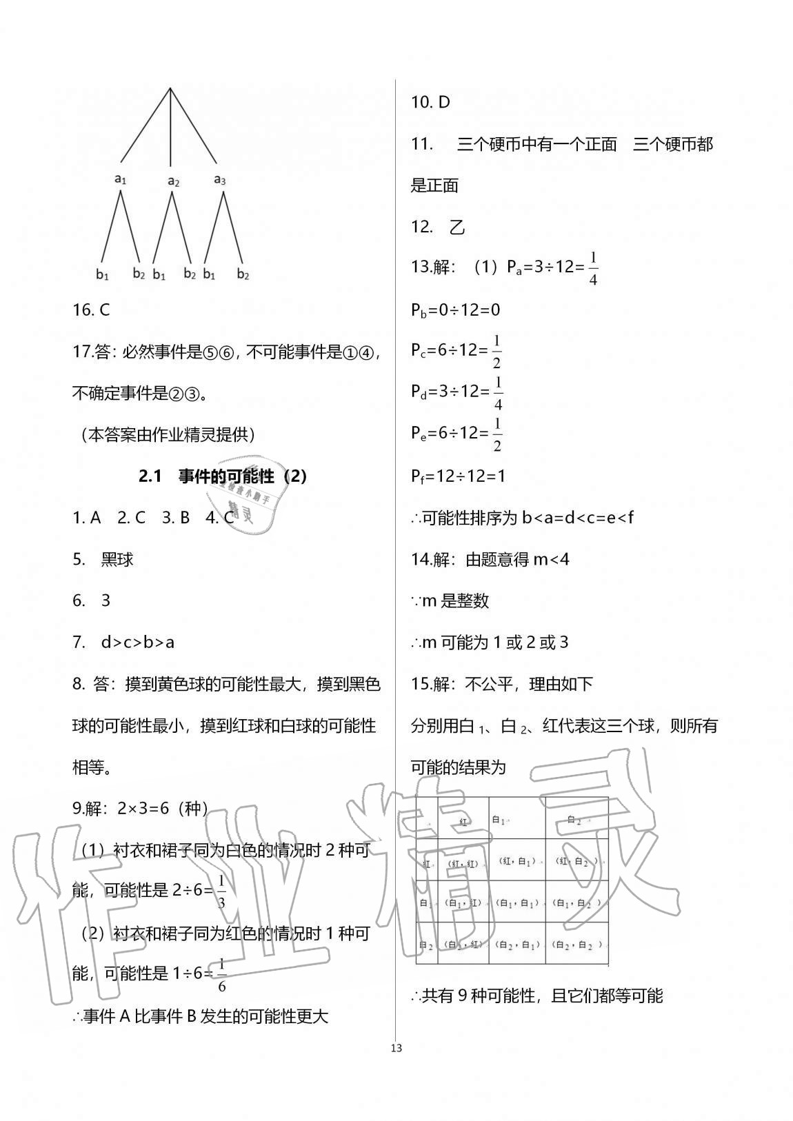 2020年課時(shí)精練初中數(shù)學(xué)九年級(jí)全一冊(cè)浙教版 參考答案第13頁(yè)