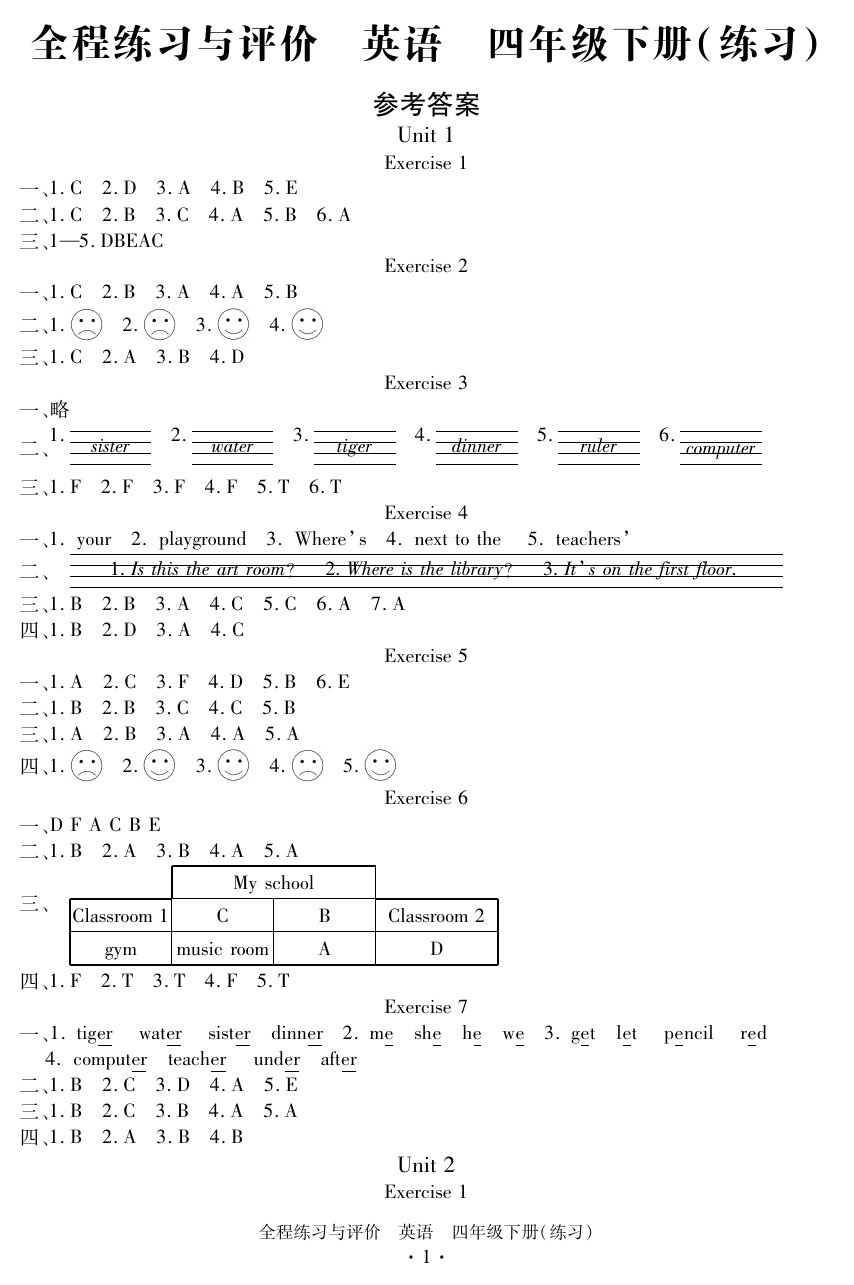 2020年全程練習(xí)與評價四年級英語下冊人教版 參考答案第1頁