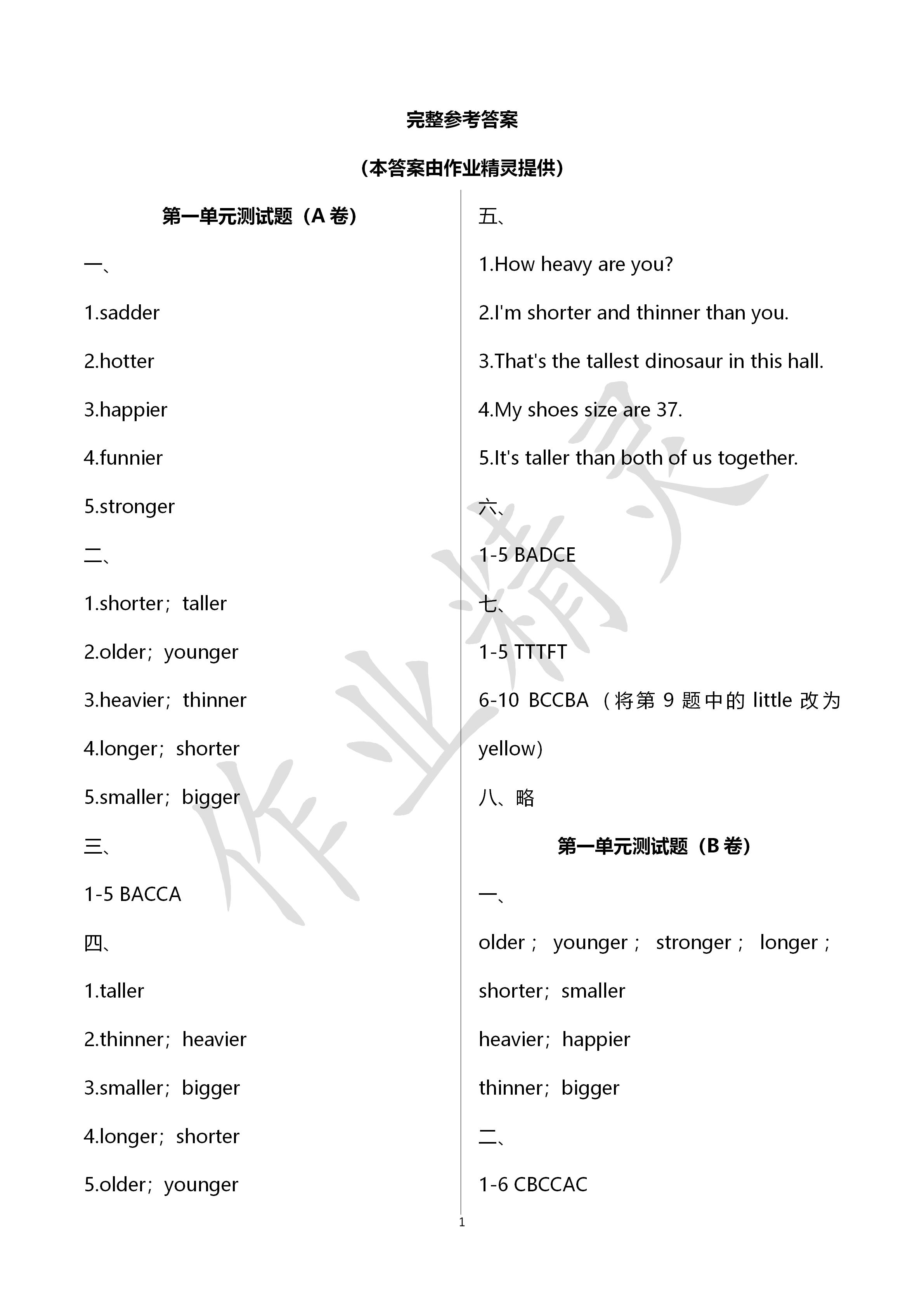 2020年单元自测试卷六年级英语下学期人教版 第1页