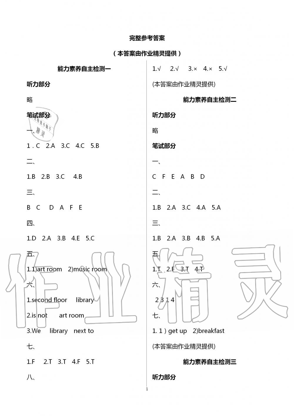 2020年能力素养自主检测单元检测卷四年级英语下册人教版 第1页