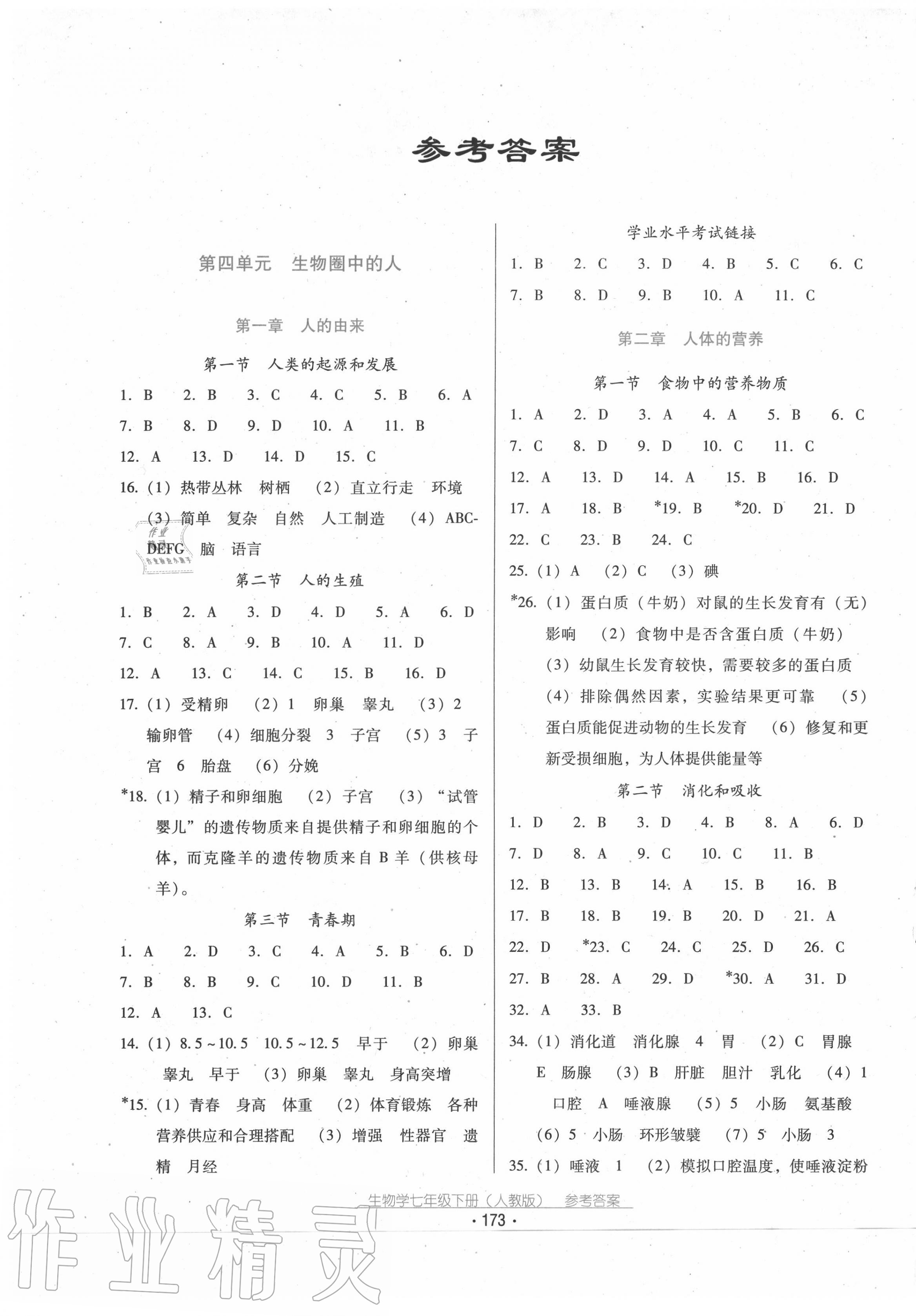 2020年云南省标准教辅优佳学案七年级生物学下册人教版 第1页