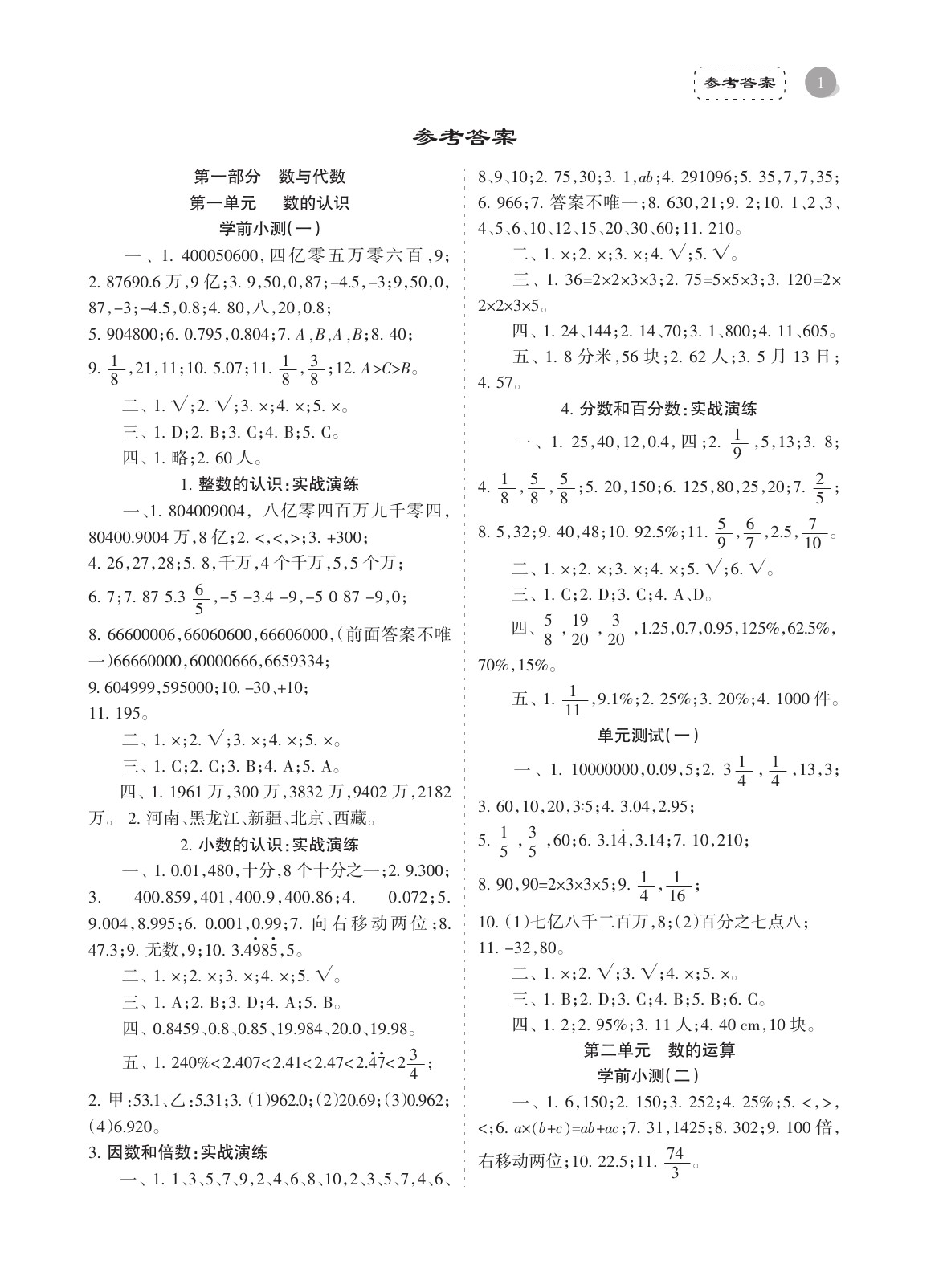 2020年金椰风小学数学毕业总复习六年级人教版 参考答案第1页