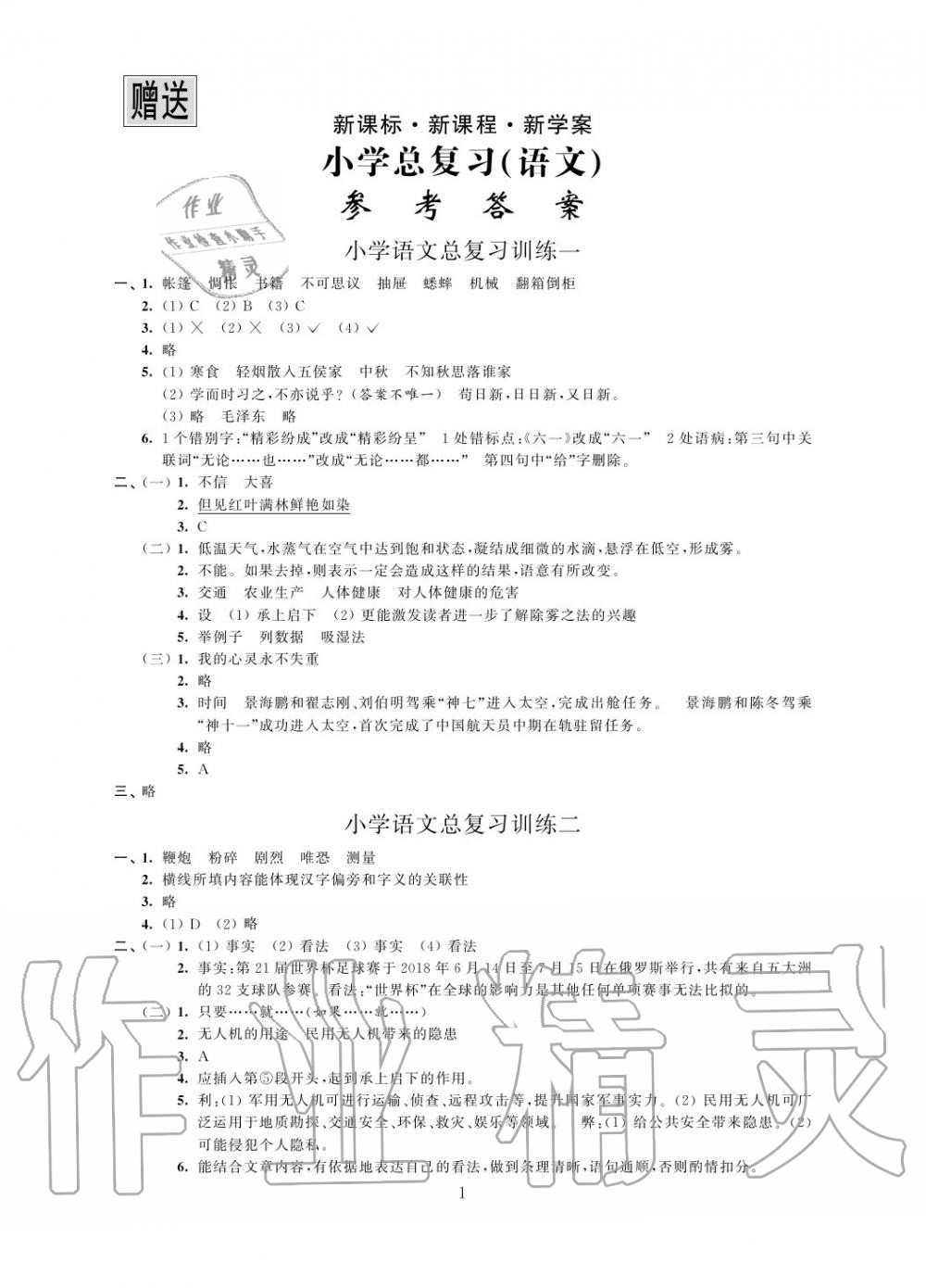 2020年新课标新课程新学案小学总复习语文答案