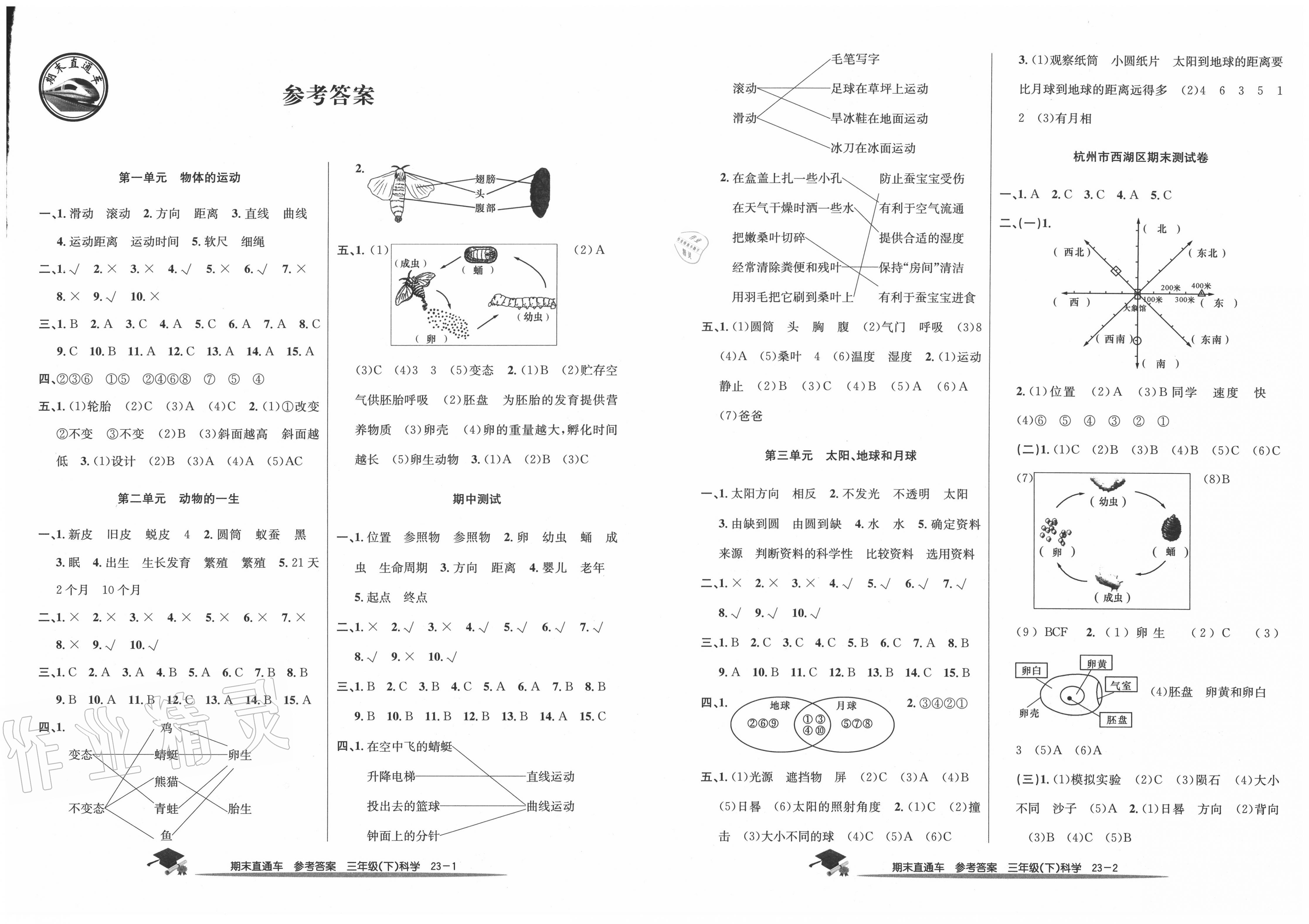 2020年期末直通车三年级科学下册教科版 参考答案第1页