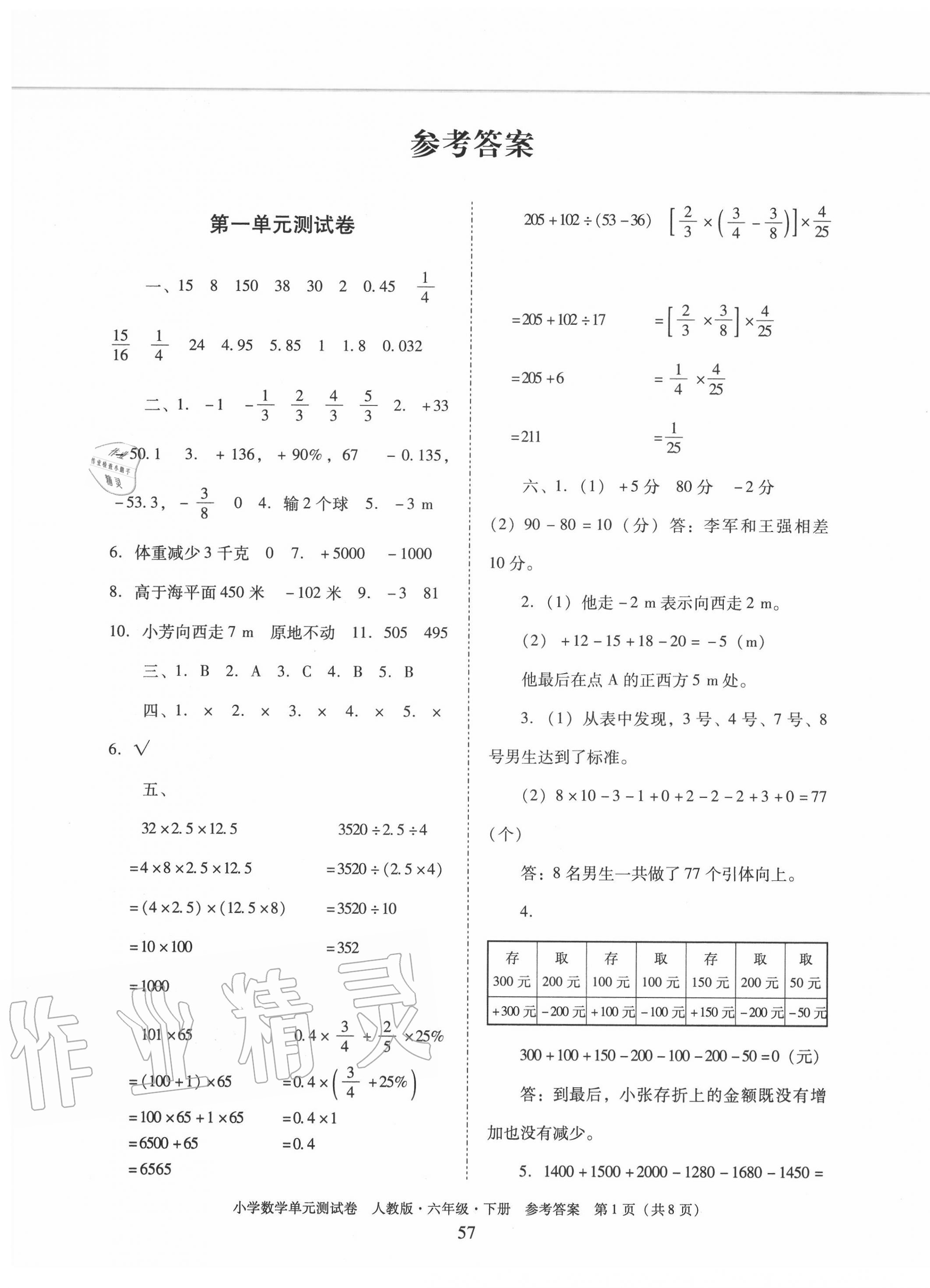 2020年单元测试卷小学数学六年级下册人教版广东人民出版社 第1页