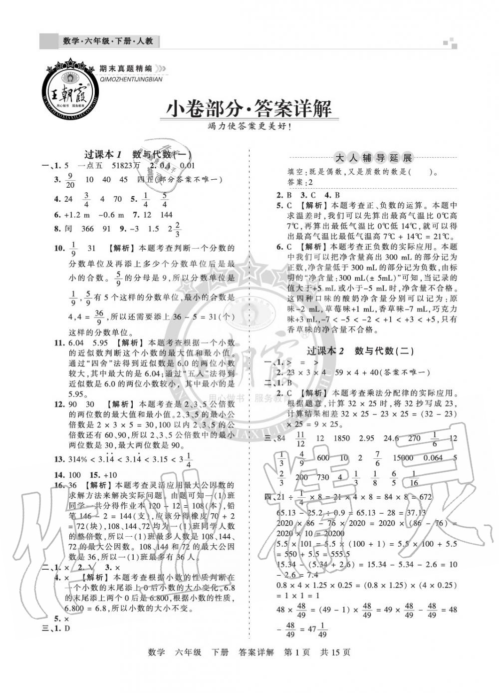 2020年王朝霞期末真题精编六年级数学下册人教版南阳专版