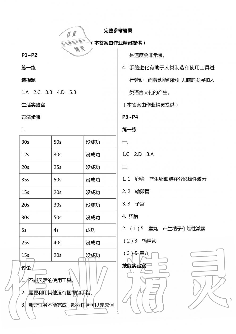 2020年暑假生活七年級生物人教版北京教育出版社 第1頁