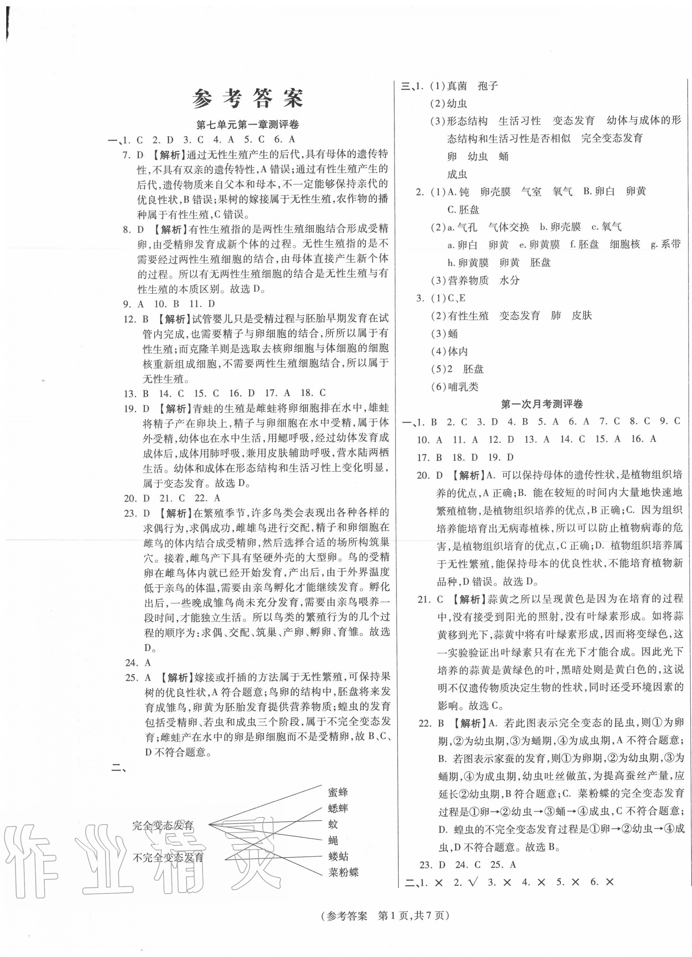 2020年智能优选卷八年级生物下册人教版 参考答案第1页