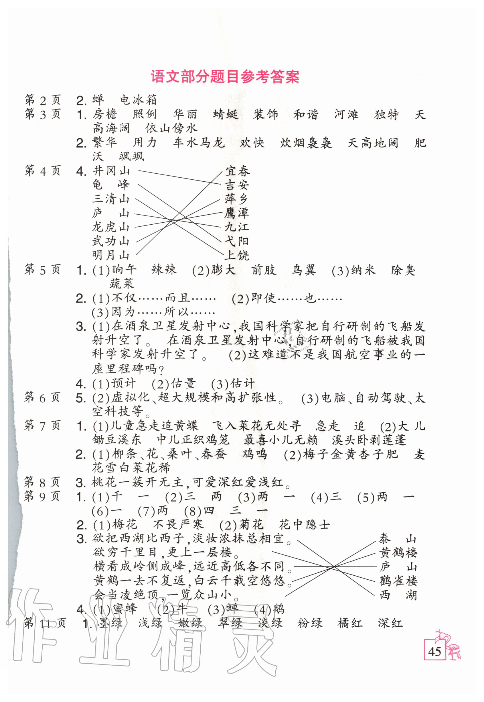 2020年小学暑假作业四年级人教版二十一世纪出版社 参考答案第1页