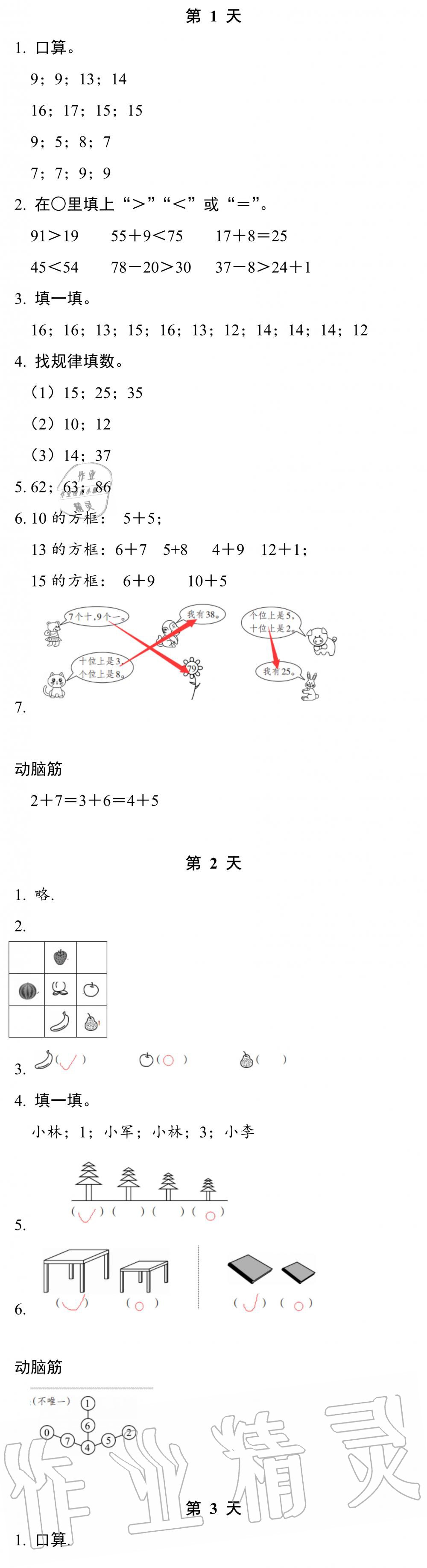 2020年暑假作業(yè)本一年級(jí)數(shù)學(xué)科學(xué)浙江教育出版社 參考答案第1頁(yè)