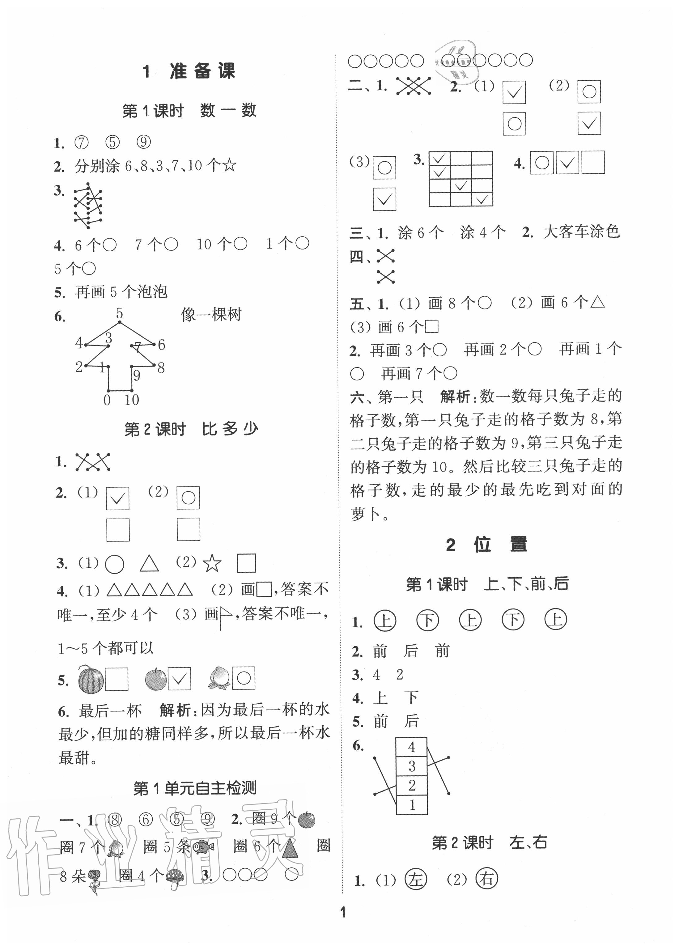 2020年通城學(xué)典課時(shí)作業(yè)本一年級(jí)數(shù)學(xué)上冊(cè)人教版 第1頁(yè)