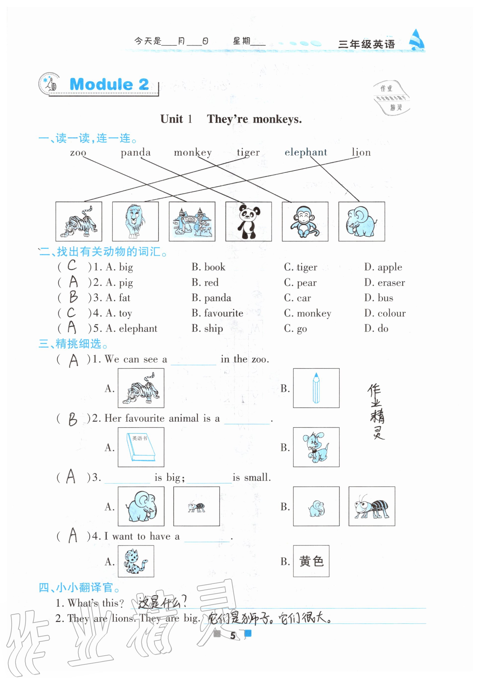 2020年暑假作業(yè)三年級英語北京教育出版社 參考答案第5頁