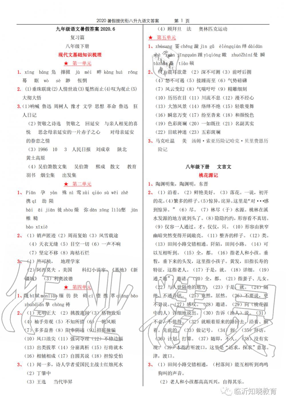 2020年领跑新学期暑假提优衔接八升九语文 参考答案第1页