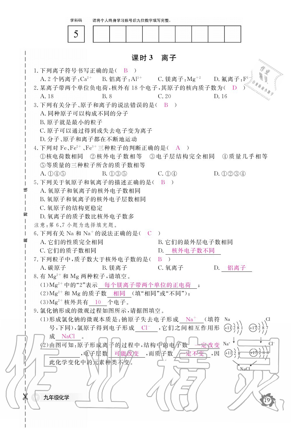 2020年化學(xué)作業(yè)本九年級(jí)全一冊(cè)人教版江西教育出版社 參考答案第19頁