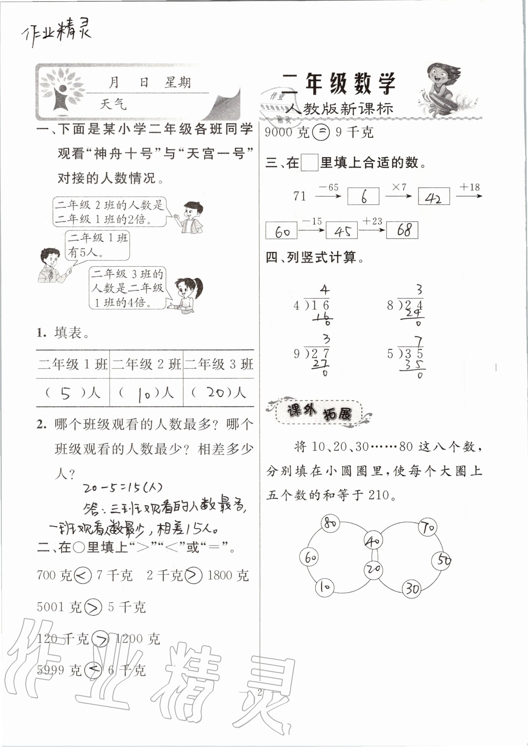 2020年一诺书业暑假作业快乐假期二年级数学人教版云南美术出版社 参考答案第2页