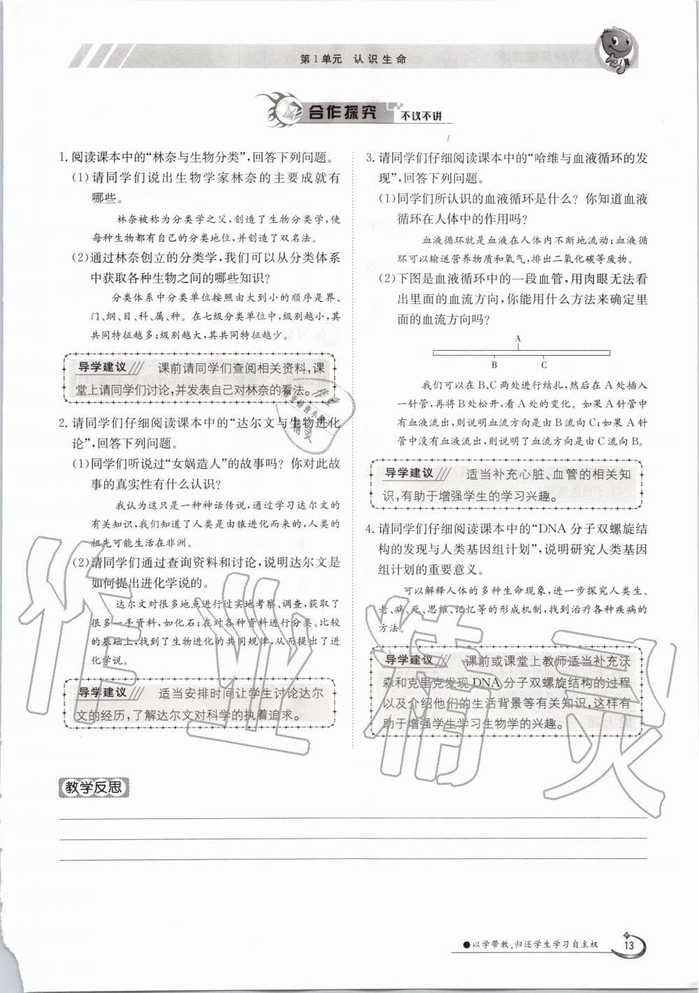 2020年金太陽導(dǎo)學(xué)案七年級生物上冊北師大版 參考答案第13頁