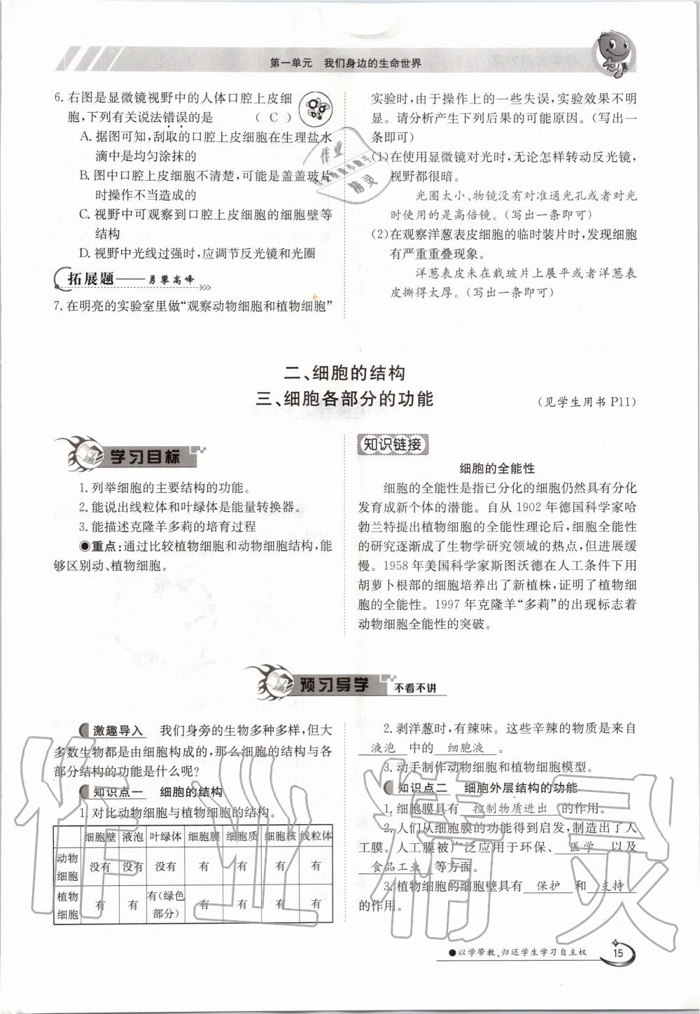 2020年金太陽導(dǎo)學(xué)案七年級生物上冊冀少版 參考答案第15頁