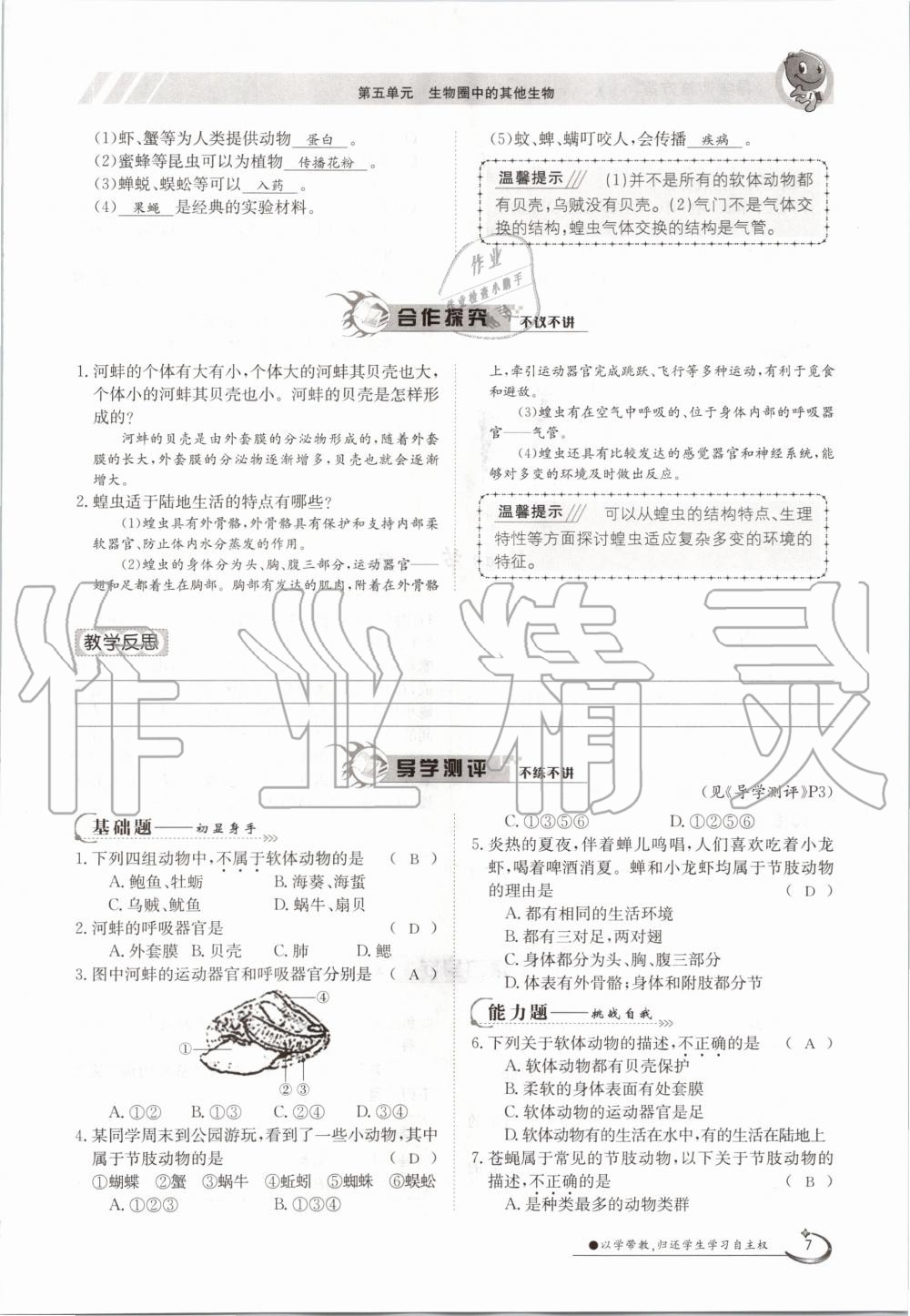 2020年金太陽導(dǎo)學(xué)測評八年級生物上冊人教版 參考答案第7頁